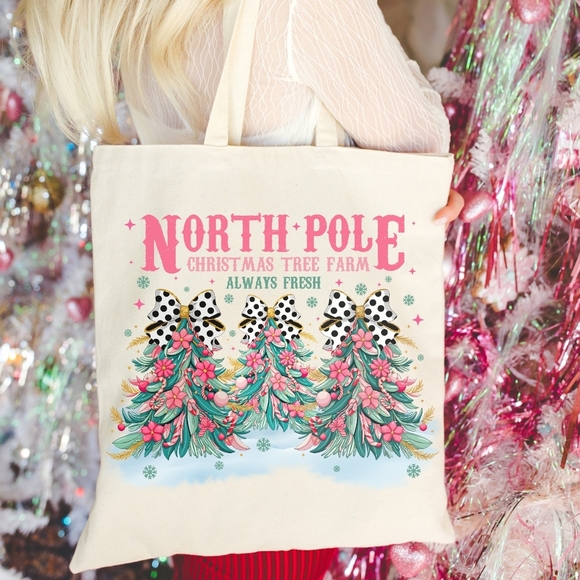 Christmas Coquette North Pole Tree Farm Girly Natural Cotton Canvas Tote - Picture 1 of 2
